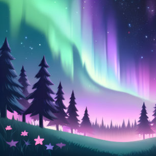 Housse Pour Ordinateur Portable Dreamy Aurora Nuit : Forêt violette et lumière ver