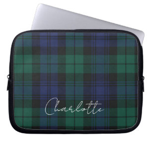 Housse Pour Ordinateur Portable Écossais rustique élégant script vert tartan