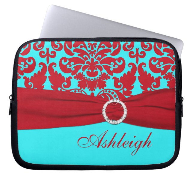Housse Pour Ordinateur Portable Ecran d'ordinateur portable Aqua et Red Damask FAU (Devant)