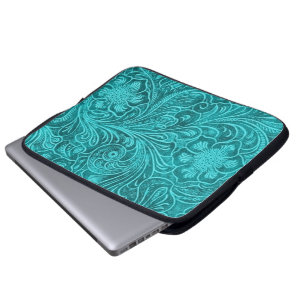 Housse Pour Ordinateur Portable Elégant Cuir Turquoise Look Fleurs Embossées