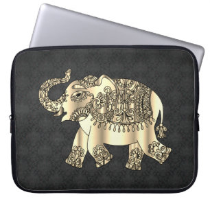 Housse Pour Ordinateur Portable Elégant Eléphant Floral Paisley Or, Damas Noir