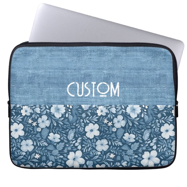 Housse Pour Ordinateur Portable Élégant look Botanique Bleu Faux Denim (Devant)