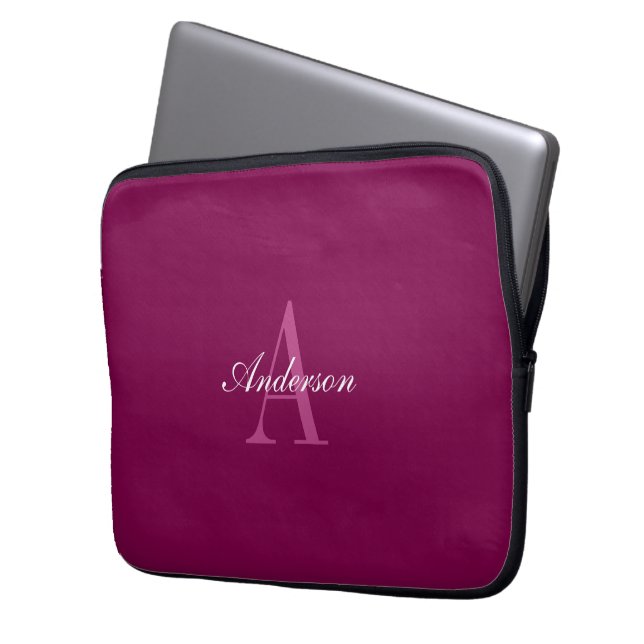 Housse Pour Ordinateur Portable Élégant Magenta Rouge, rose & blanc Nom & Monogram (devant gauche)