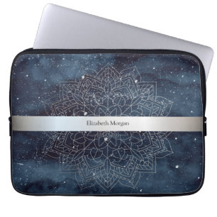 Housse Pour Ordinateur Portable Élégant mandala moderne argenté rayure bleu marine