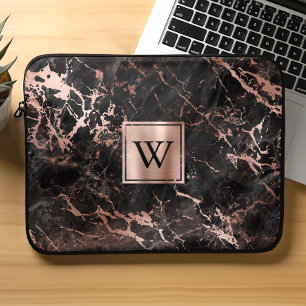 Housse Pour Ordinateur Portable Élégant marbre noir Rose or Monogramme