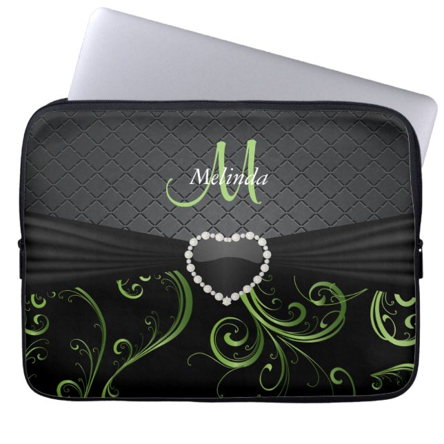 Housse Pour Ordinateur Portable Élégant modèle floral noir et vert de périphérie (Devant)