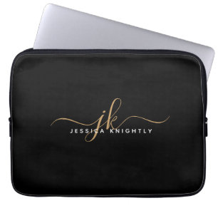 Housse Pour Ordinateur Portable Élégant moderne Script Monogramme Initiales Black 