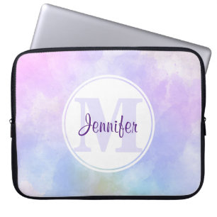 Housse Pour Ordinateur Portable Élégant Monogramme d'aquarelle bleu violet