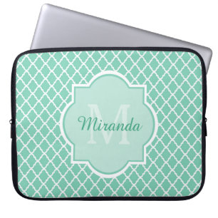 Housse Pour Ordinateur Portable Élégant Monogramme De Quatrefoil Vert Mint Avec No