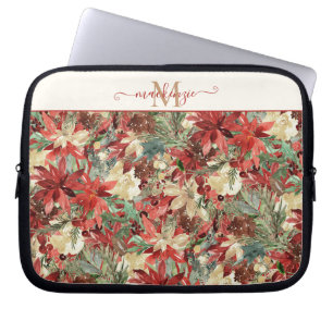 Housse Pour Ordinateur Portable Élégant Monogramme Floral Poinsettia