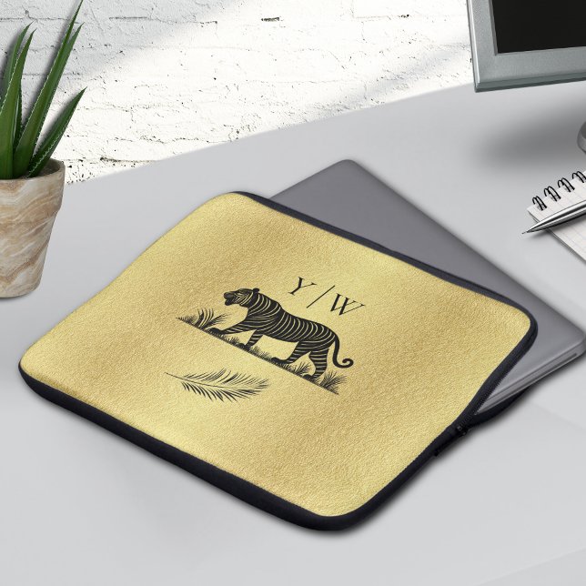 Housse Pour Ordinateur Portable Élégant Monogramme noir Motif or (Créateur téléchargé)