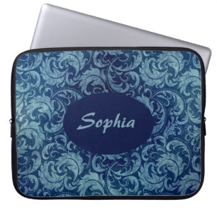 Housse Pour Ordinateur Portable Elégant motif de Damas Vintage bleu