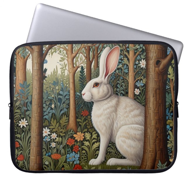 Housse Pour Ordinateur Portable Elégant retro boho blanc lapin boisé fleurs (Devant)