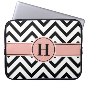 Housse Pour Ordinateur Portable Elégant rose et noir Monogramme Rose or Chevron