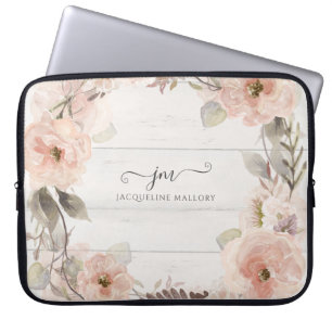 Housse Pour Ordinateur Portable Elégant rustique Floral Aquarelle Monogramme de f