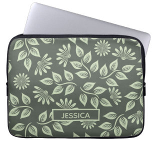 Housse Pour Ordinateur Portable Élégant Vert Sauge Floral Vintage Personnalisé