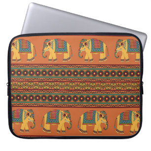 Housse Pour Ordinateur Portable Eléphants Indiens, Orange Traditionnel Sans Seamle