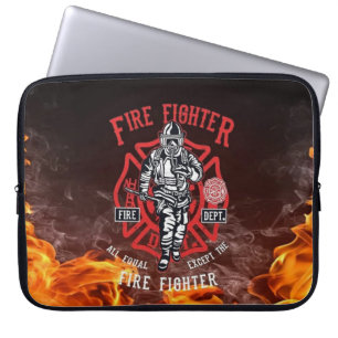 Housse Pour Ordinateur Portable Emblème de pompier avec flammes et équipement comp