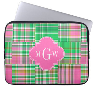 Housse Pour Ordinateur Portable Emerald Hot Pink Preppy Patchwork Madras Monogram