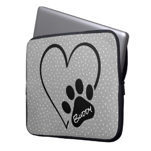 Housse Pour Ordinateur Portable Empreinte de Patte de Chien en Cœur avec Nom