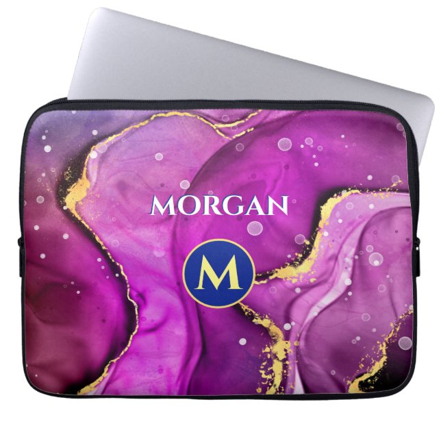 Housse Pour Ordinateur Portable Encre liquide rouge violet et or, monogramme et no (Devant)
