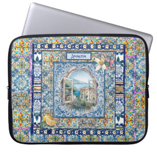 Housse Pour Ordinateur Portable été italie carreaux bleu floral citrus monogramme