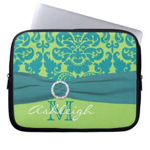 Housse Pour Ordinateur Portable Étui d'ordinateur en soie damassée Turquoise et ve