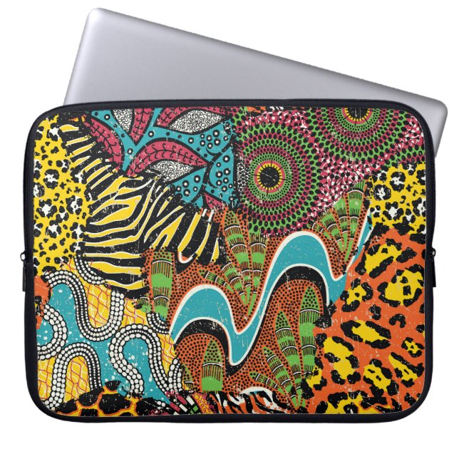 Housse Pour Ordinateur Portable Fabric africain : Patchwork d'animaux sauvages. (Devant)