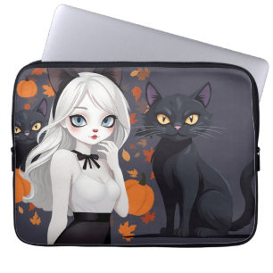 Housse Pour Ordinateur Portable Femme d'Anime avec chat noir.
