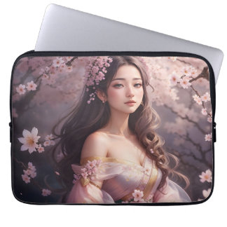 Housse Pour Ordinateur Portable Femme Élégante au milieu des fleurs de cerisiers