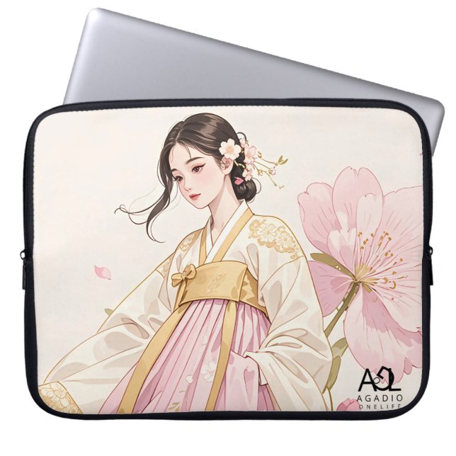 Housse Pour Ordinateur Portable Femme élégante en Hanbok d'or avec fleurs de ceris (Devant)