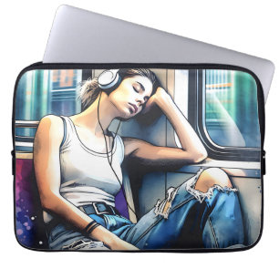Housse Pour Ordinateur Portable Femme endormie dans le métro en écoutant de la mus