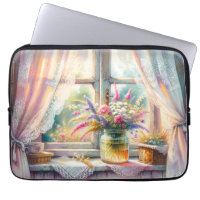 Fenêtre de cottage ensoleillée avec fleurs sauvage