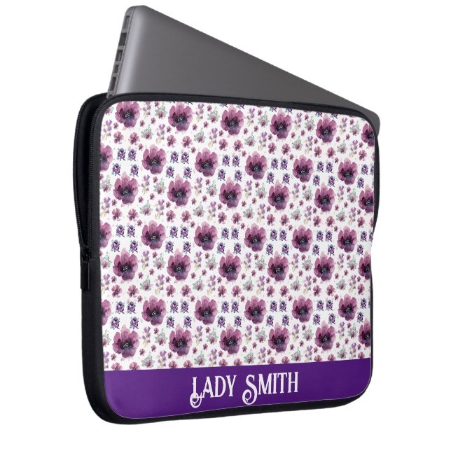 Housse Pour Ordinateur Portable feuillage fleuri chic fleurs pourpres (Devant droit)