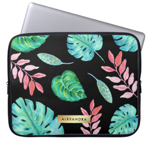 Housse Pour Ordinateur Portable Feuille tropical d'aquarelle sur le noir avec de