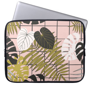 Housse Pour Ordinateur Portable Feuilles tropicaux, fleurs, motif peint à la main.