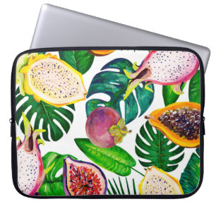 Housse Pour Ordinateur Portable Feuilles tropicaux, fruits, gouache sans couture m