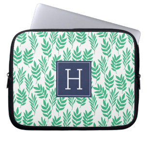Housse Pour Ordinateur Portable Feuilles verts et Monogramme bleu