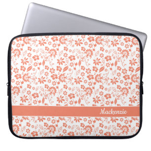 Housse Pour Ordinateur Portable Fille Corail Pêche Fleurs tropicales Monogramme