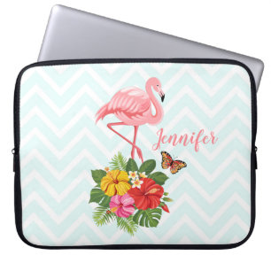 Housse Pour Ordinateur Portable Flamant rose rose & Hibiscus Tropical Fancy