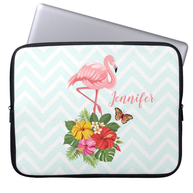 Housse Pour Ordinateur Portable Flamant rose rose & Hibiscus Tropical Fancy (Devant)