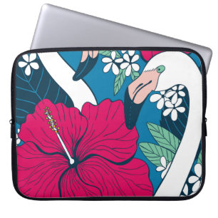 Housse Pour Ordinateur Portable Flamants roses tropicaux : Hibiscus Plumeria Arriè