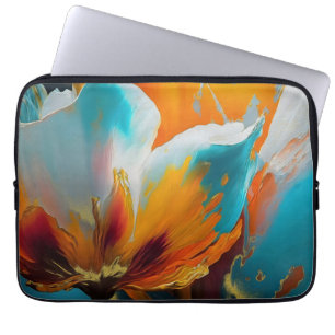 Housse Pour Ordinateur Portable Fleur abstraite en orange et sarcelle