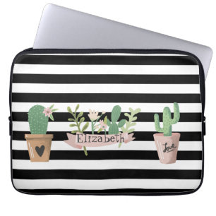 Housse Pour Ordinateur Portable Fleur de Cactus Rayures Noires et Blanches