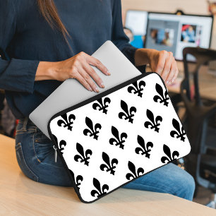 Housse Pour Ordinateur Portable Fleur de Lis Motif, Royal French, Noir sur Blanc