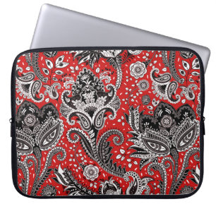 Housse Pour Ordinateur Portable Fleur de Paisley Rouge Noir et Blanc Bohème Boho
