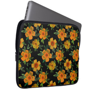 Housse Pour Ordinateur Portable Fleur de souci marigold dorée sur fond noir 