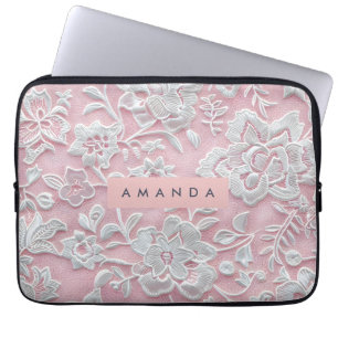 Housse Pour Ordinateur Portable Fleur en dentelle rose pâle élégante personnalisée