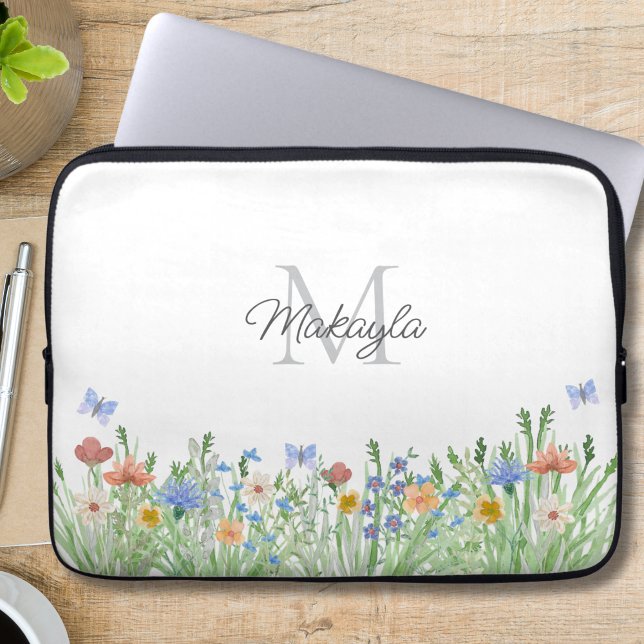 Housse Pour Ordinateur Portable Fleur sauvage monogramme (Créateur téléchargé)