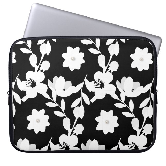 Housse Pour Ordinateur Portable Fleurs blanches avec perles sur noir (Devant)